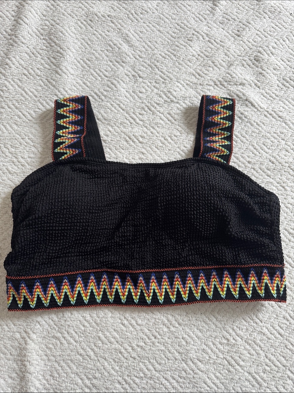 Daci Black Textured Bikini Top with Colorful Zigzag Trim Sz 18W